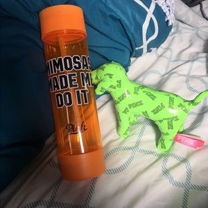 Victoria secret pink water bottle and dog